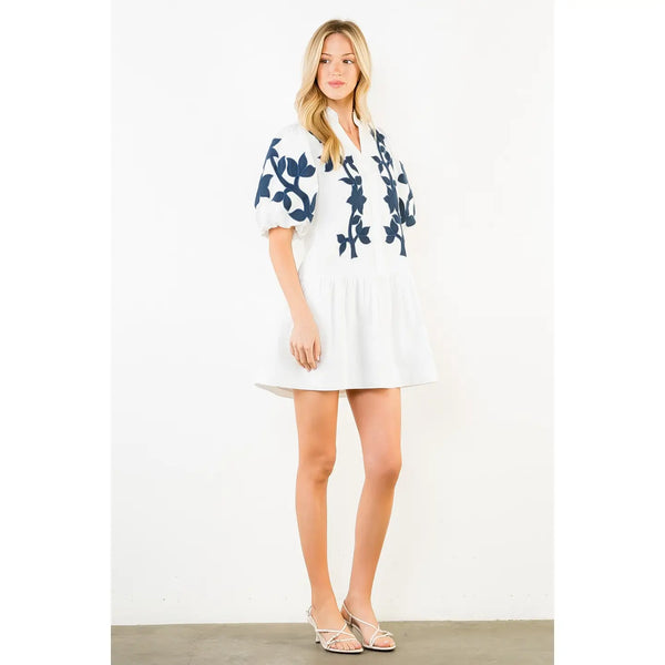 Emb Puff Sleeve Short White Dress