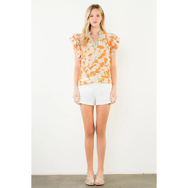 Orange Flowy Sleeve Floral Print V-Neck Top