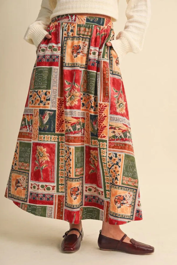 Amber Multi Patch Print A-line Midi Skirt