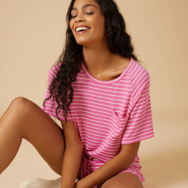 Dream Slouchy Tee Top with Shorts Lounge Set - Fuchsia Stripe