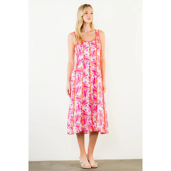 Fuschia Thin Strap Leaf-Like Pattern Dress