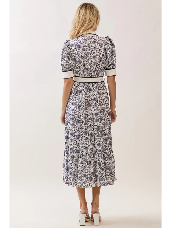 Print Contrast Trim Detail Button Down Dress
