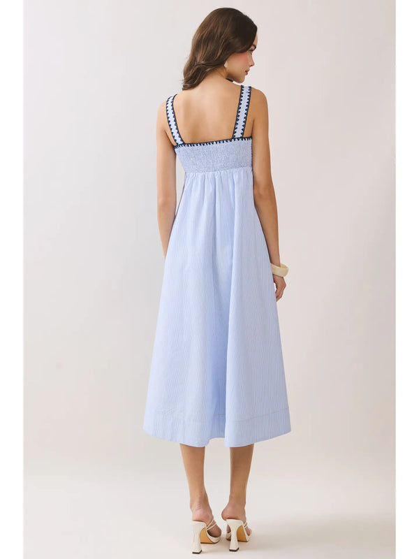 Contrast Trim Detail Empire Waist Blue Midi Dress