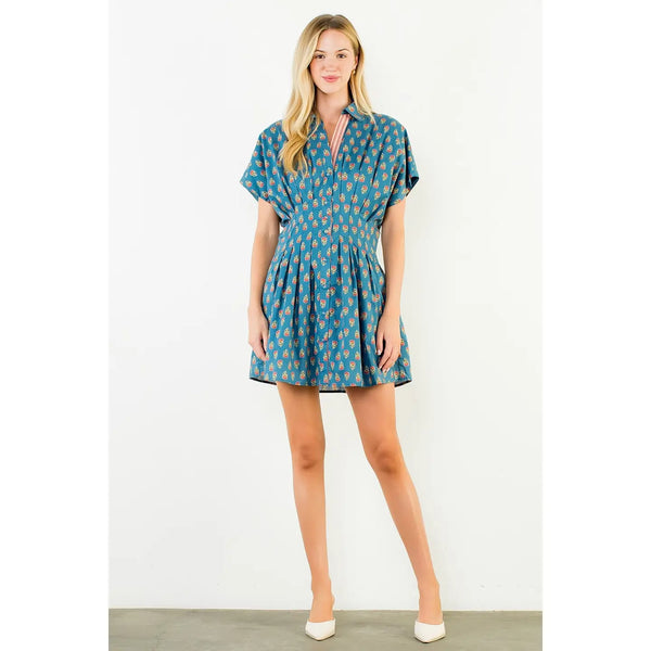 Blue Flower Pattern Short Dress
