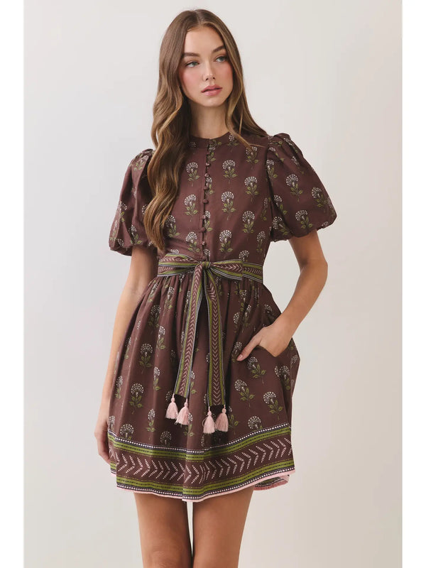 Chocolate Border Print Belted Mini Dress