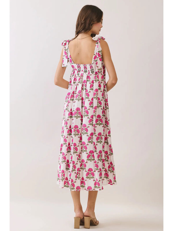 Floral Print Back Smocked Tie Strap Midi Dress