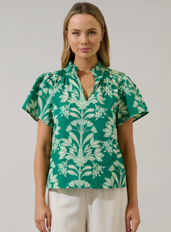 Barcy Smocked Top Estela Floral Kelly Cream
