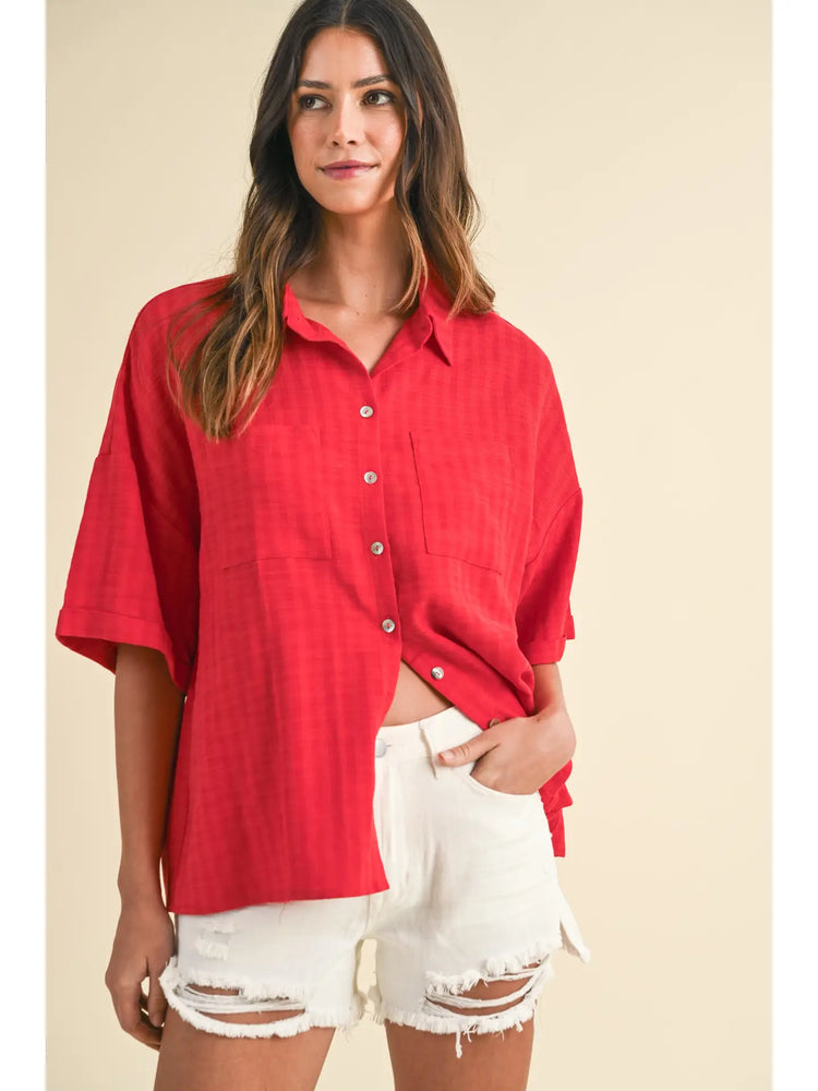 Linen Stripe Texture Oversized Shirt - Red