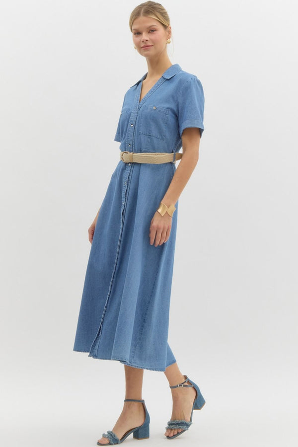 Denim Midi Shirt Dress with Belt