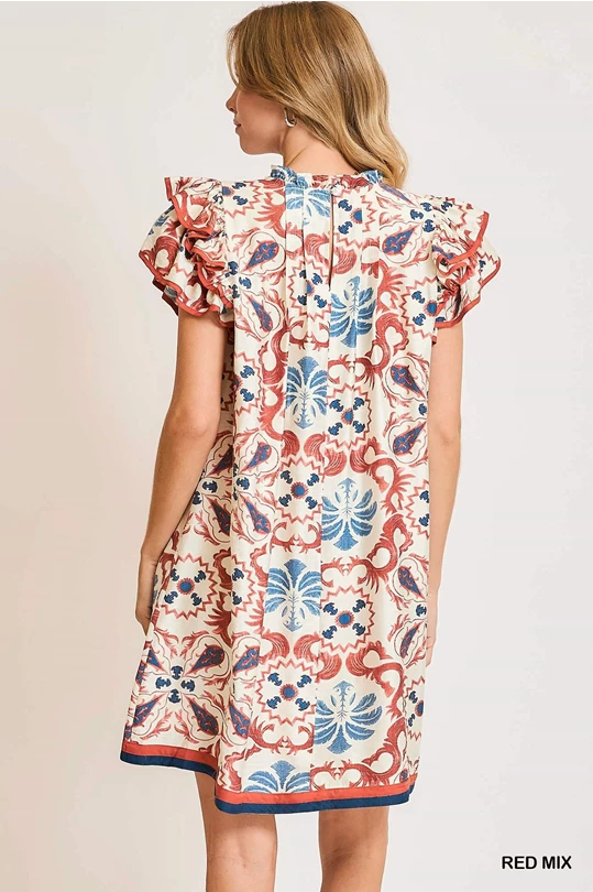 Boho Ruffle Sleeve Printed Dress