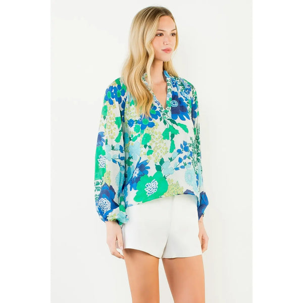 Floral Print Long Sleeve Top Blue & Green