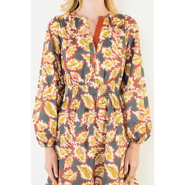 Leaf Print Cinched Waist Maxi Dress