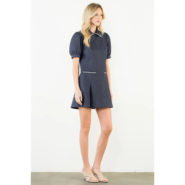 Puff Sleeve Collared Denim Dress
