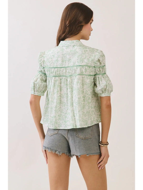 Floral Print Green Pintuck Button Down Puff Sleeve Blouse