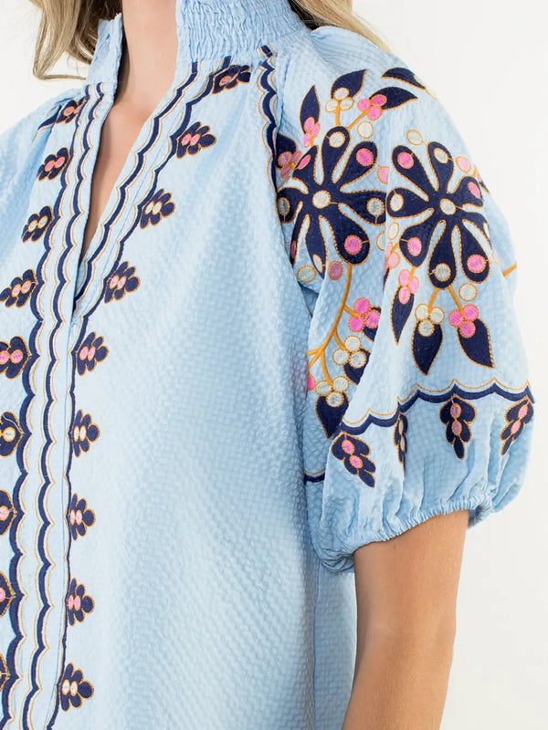 Blue Embroidered Smocked Neck Puff Top