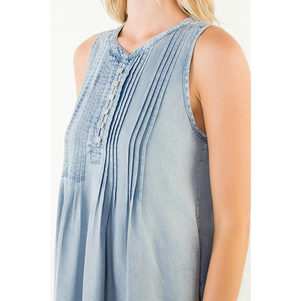Sleeveless Blue Button Pintuck Denim Dress