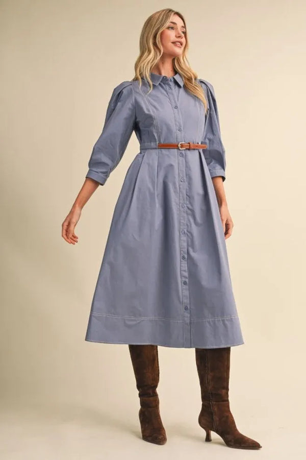 Dusty Denim Blue Belted Button Down Midi Dress