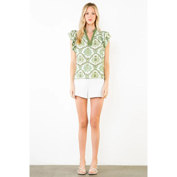 Ruffle Sleeves Green Floral Pattern V-Neck Top