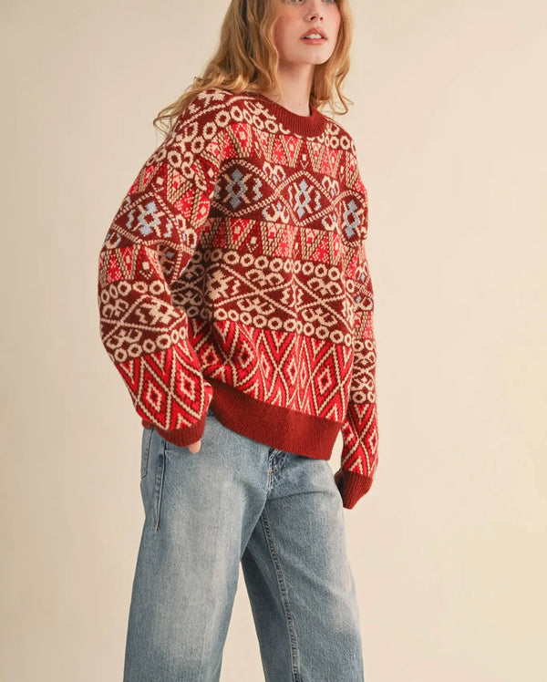 Burgundy Fair Isle Sweater Pullover