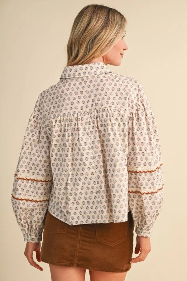 Cream Floral Lace Trim Button Up Top w Long Puff Sleeves