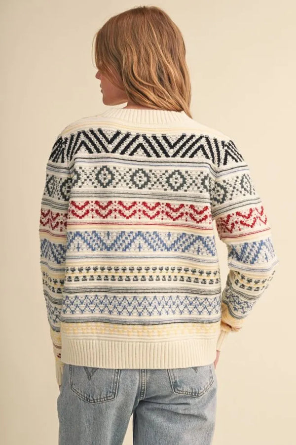 Off White & Colorful Geometric Knit Sweater