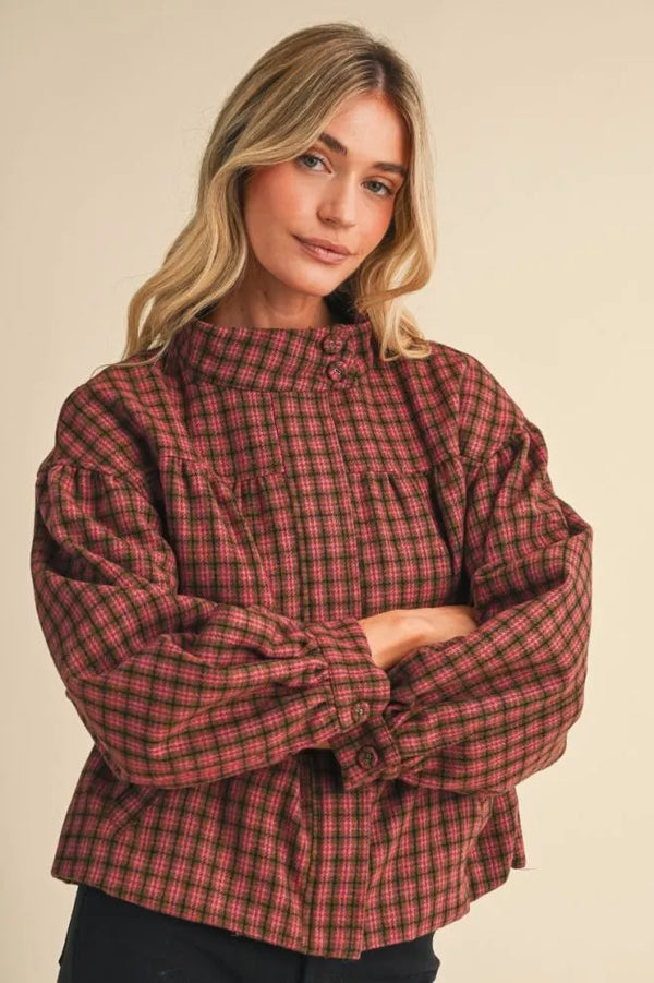 Mocha Plaid Bubble Hem Jacket