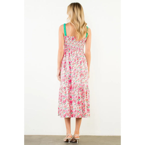Pink Floral Print Smocked Bodice Tiered Maxi Dress