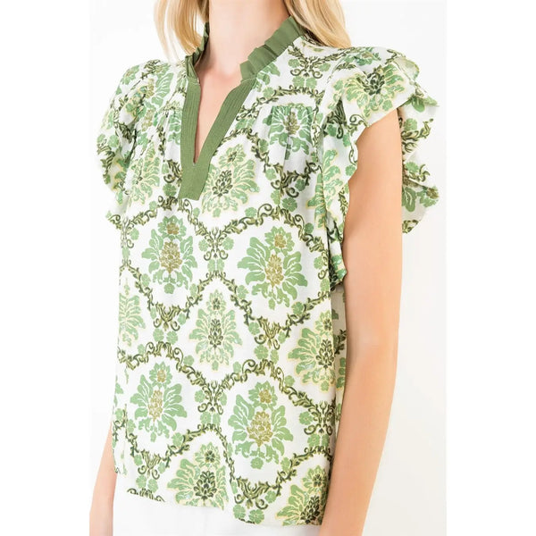 Ruffle Sleeves Green Floral Pattern V-Neck Top