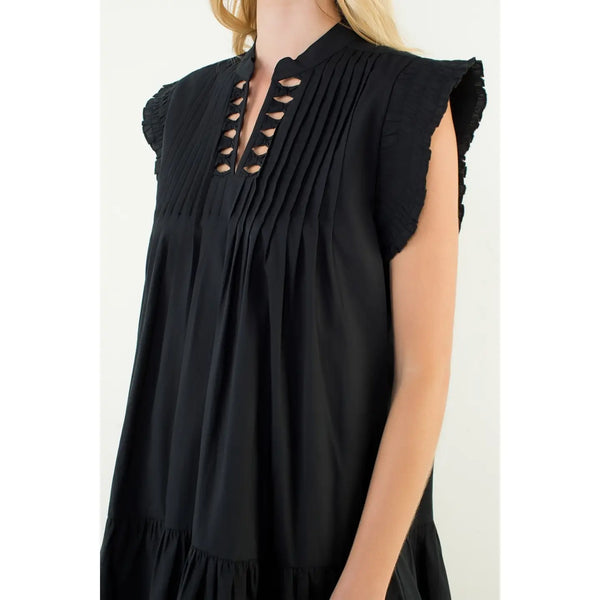 Black Pleated Split Neck Bow Detail Dress