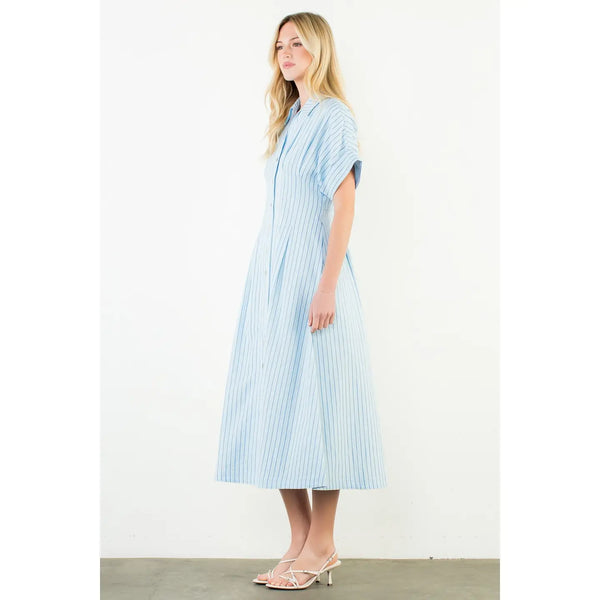 Short Sleeve Striped Button Down Dress LT. Blue
