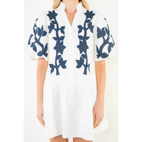 Emb Puff Sleeve Short White Dress
