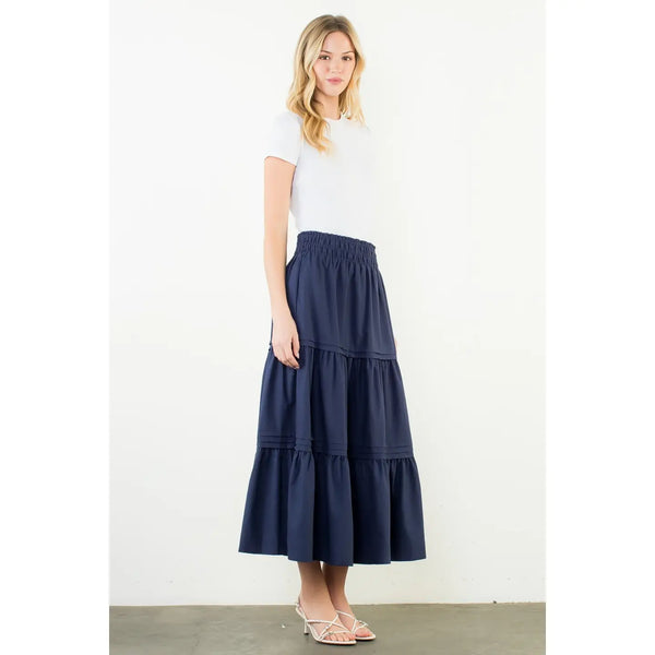 Navy Smocked Waist Tiered Long Skirt