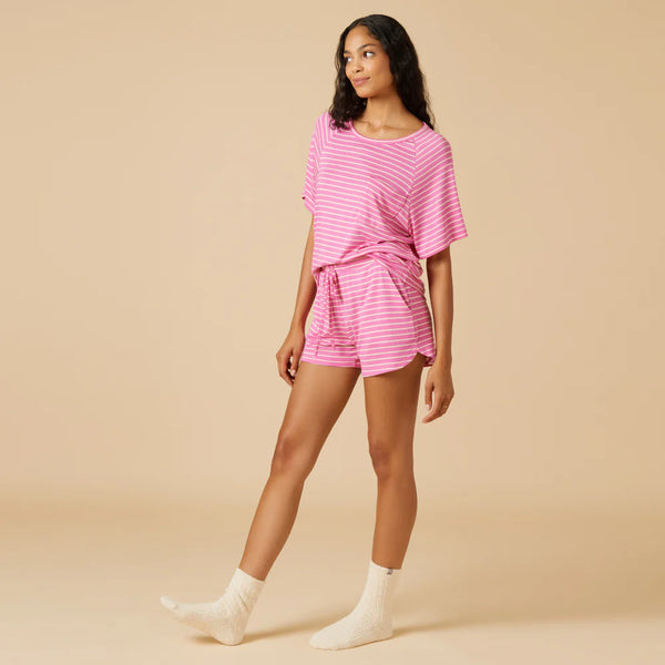 Dream Slouchy Tee Top with Shorts Lounge Set - Fuchsia Stripe