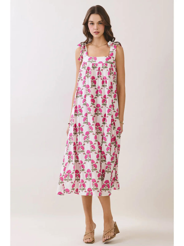 Floral Print Back Smocked Tie Strap Midi Dress