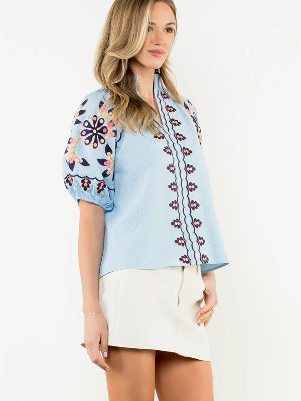 Blue Embroidered Smocked Neck Puff Top