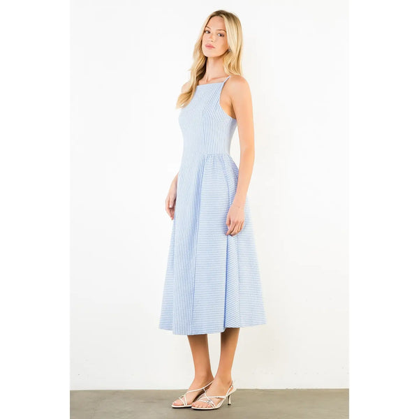 Thin Strap Blue Stripe Midi Dress