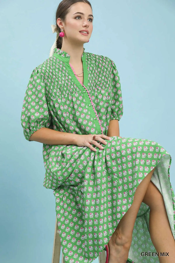 Green Floral Print Button Down Midi Dress