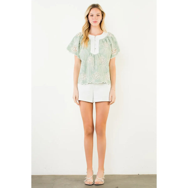Green Short Sleeve Lace-Like Pattern Top