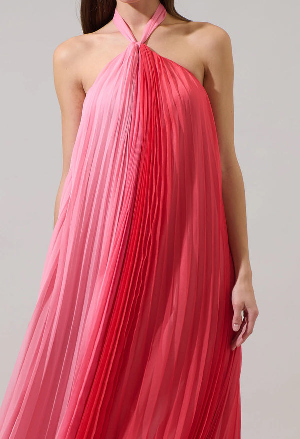 Galena Halter Pink Pleated Maxi Dress