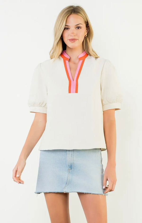 Puff Sleeve Textured V-Neck Top - Cream