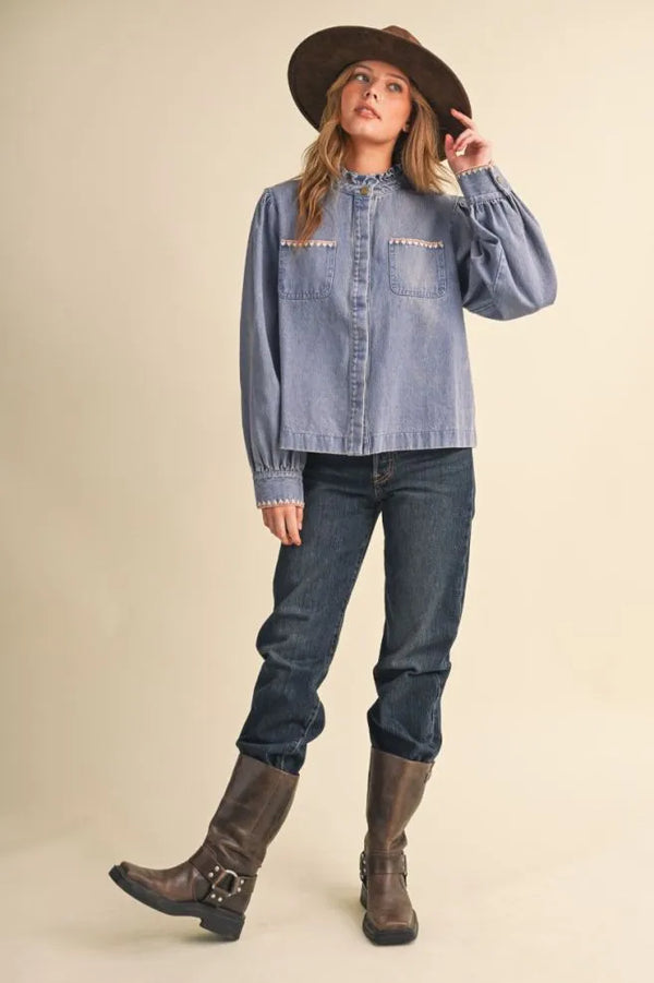 Denim Button Down Top w Ruffle Mock Neckline