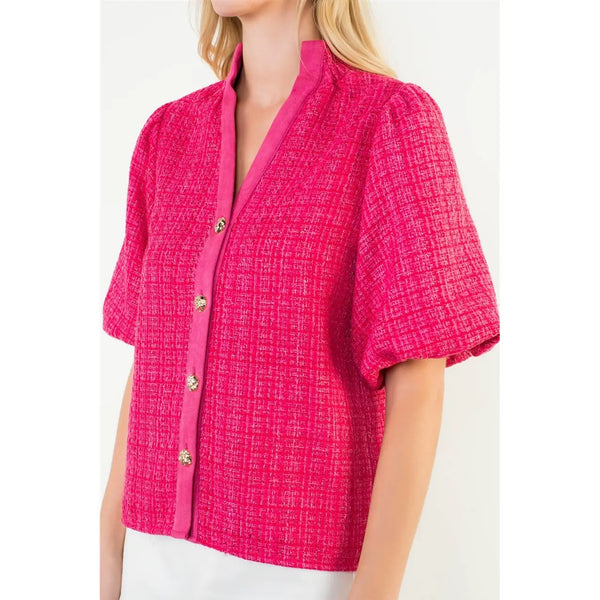 Pink Puff Sleeve Tweed Knit Top
