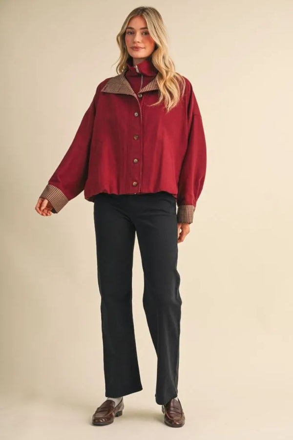Rustic Red Bubble Hem Houndstooth Coat