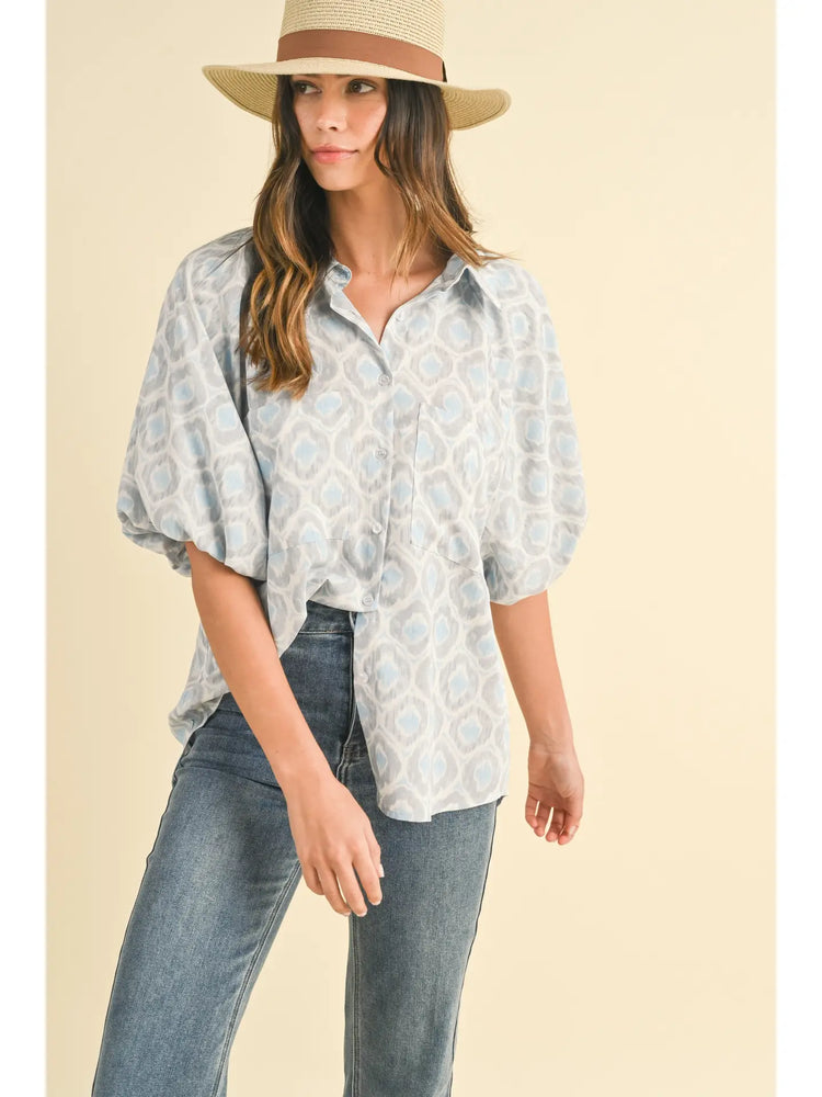 Geometric Printed Bubble Sleeve Button Down