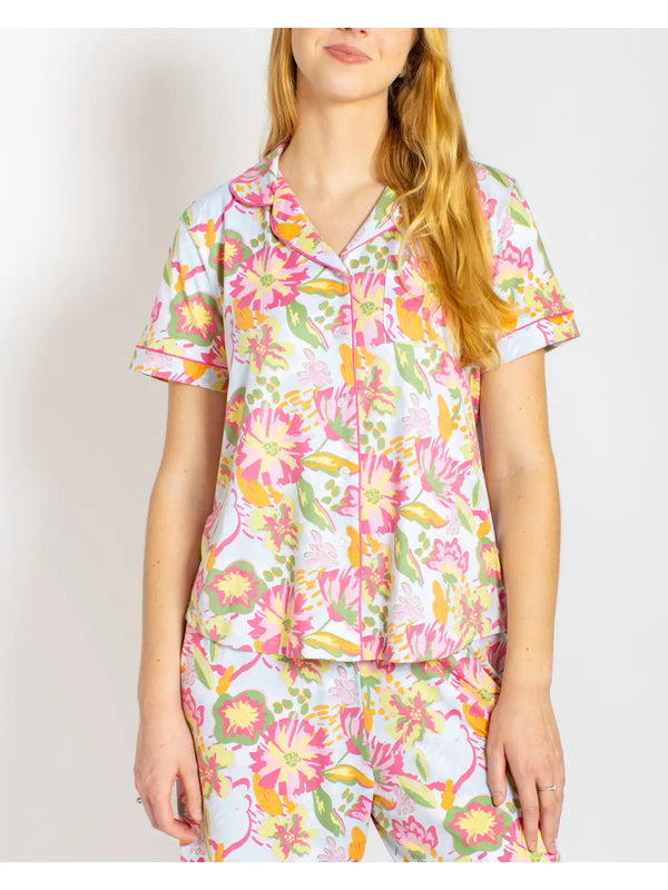 Summer Bouquet Short Sleeve Button Up Sleep Shirt Pink/Blue/Multi