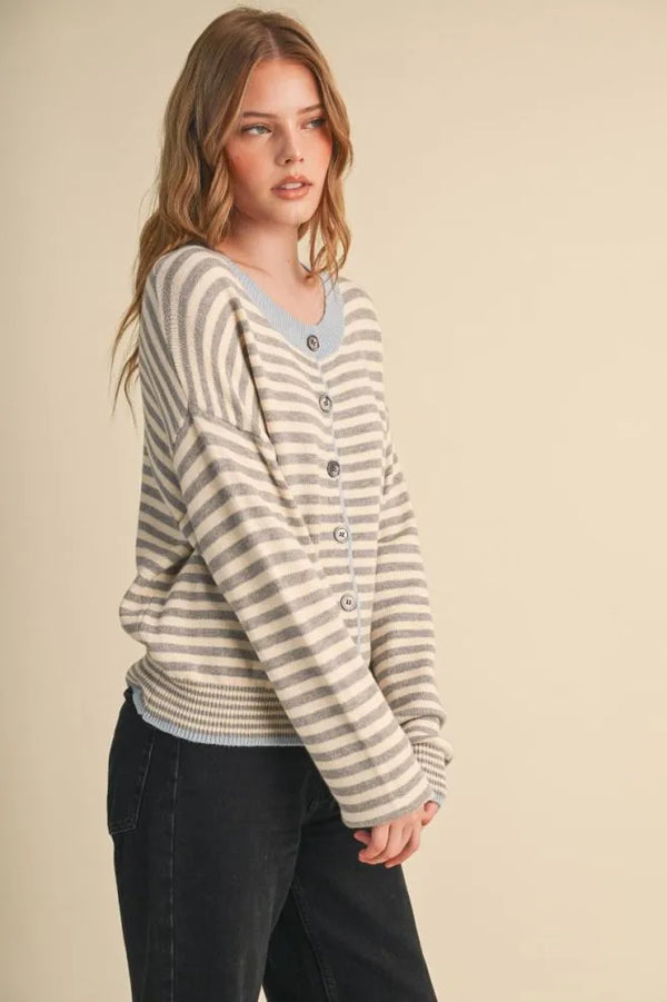 Striped Sweater Cardigan in Slate Grey