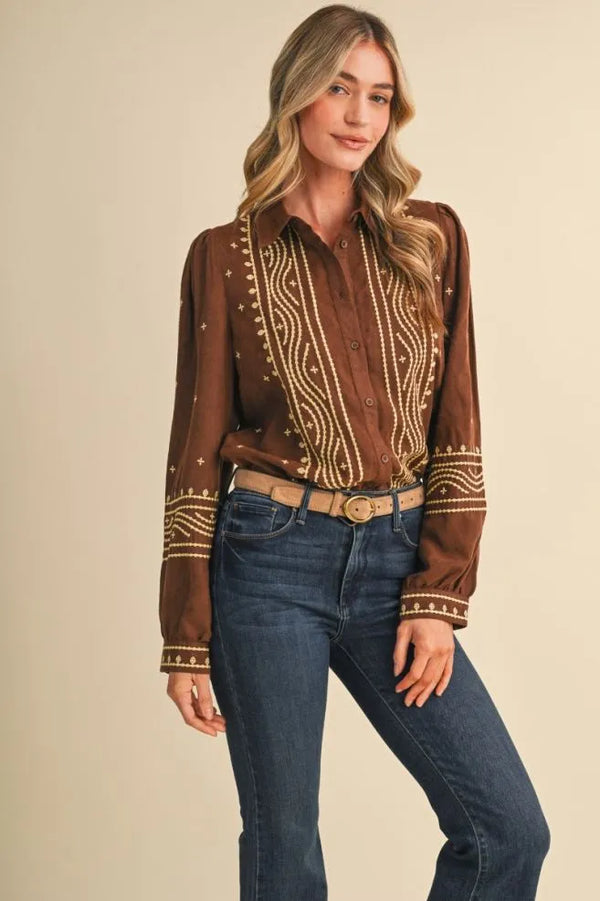 Suede Chocolate Brown Embroidered Top