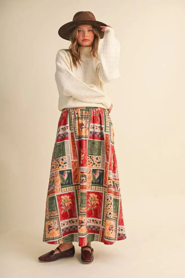 Amber Multi Patch Print A-line Midi Skirt