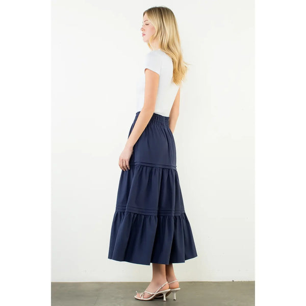 Navy Smocked Waist Tiered Long Skirt