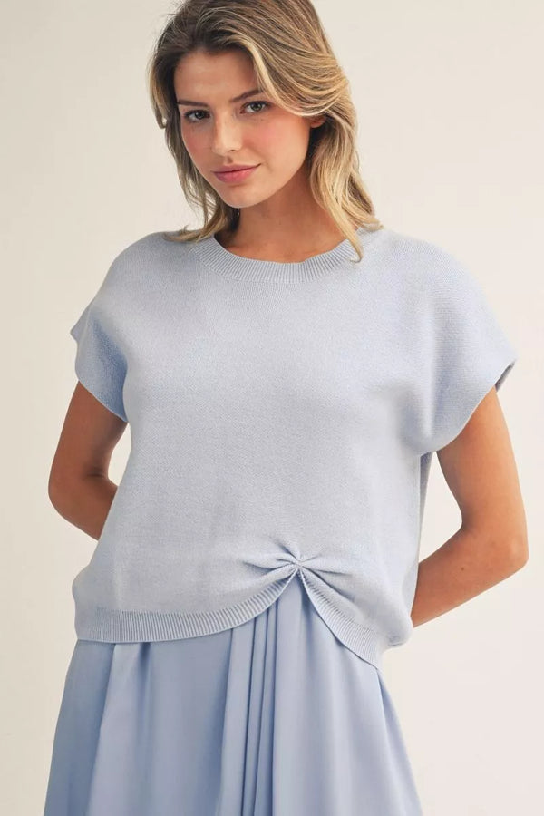 Short Drop Shoulder Sweater Top w Knot Paired w Solid Midi Dress